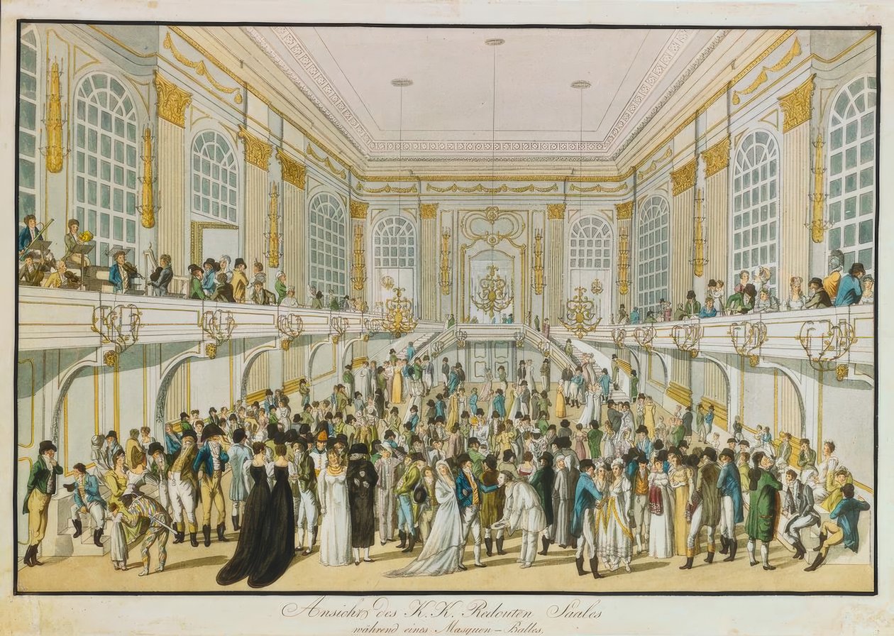 Vy över K. u. K. Redoutensaal under en maskeradbal av Joseph Schütz