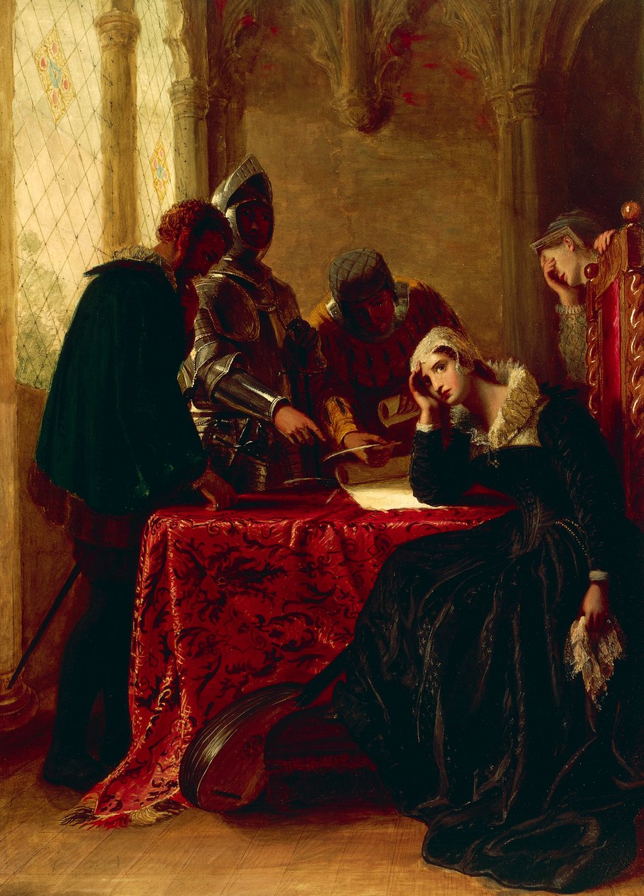 Abdikation av Mary Queen of Scots i Loch Leven Castle, ca. 1850 (olja på duk) av Joseph Severn