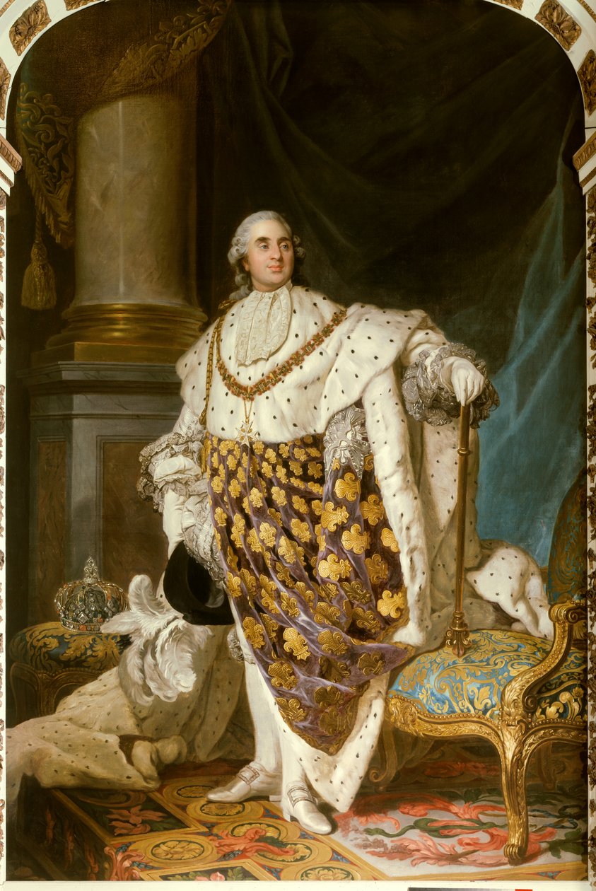 Porträtt till fots av kungen av Frankrike Ludvig XVI i sakraldräkt (1754-1793) Han har halsbandet av den Helige Andes Orden (Helig Ande) - Målning från Atelier of Joseph Siffred Duplessis (1725-1802) (Joseph- Siffrede, Joseph-Siffrede, Joseph Si av Joseph Siffred Duplessis