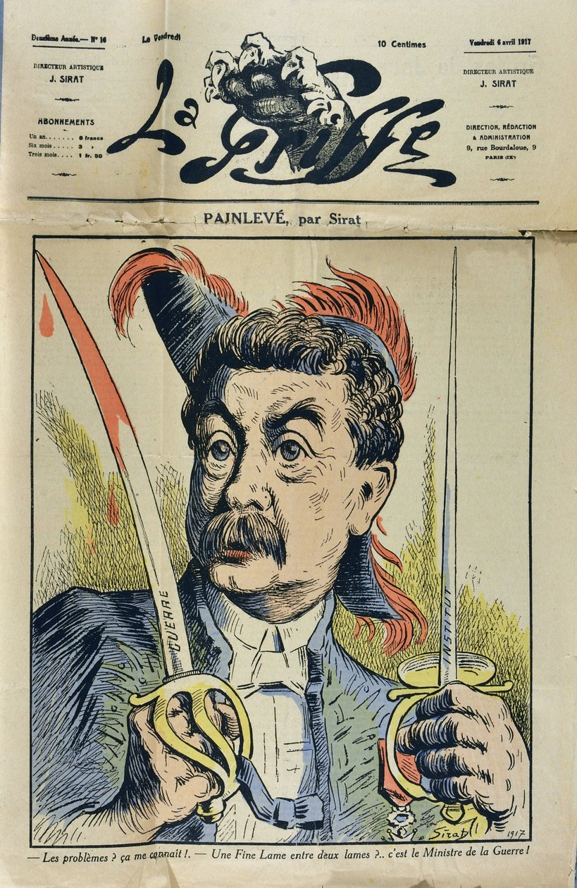 Porträtt av den franske matematikern och politikern Paul Painleve (1863-1933) karikatyr av Sirat dan "La Griffe"" från 1917. av Joseph Sirat