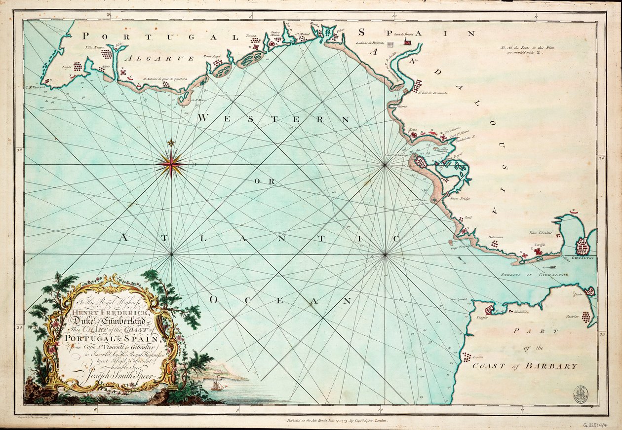 Karta över Portugals och Spaniens kust, från Cape St Vincent
