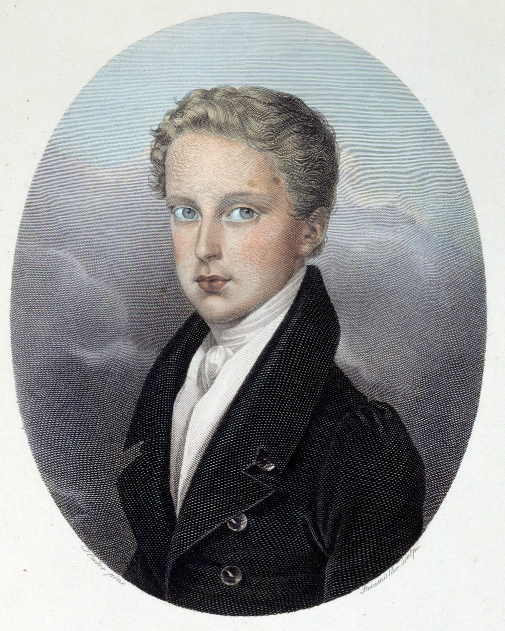 Porträtt av hertigen av Reichstadt (1811-1832), son till Napoleon I och Marie Louise av Österrike Gravyr av Joseph Steinmuller (1795-1841) 1827 Privat samling av Joseph Steinmuller