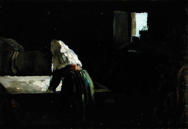 A Woman Washing (olja på panel) av Joseph Stella