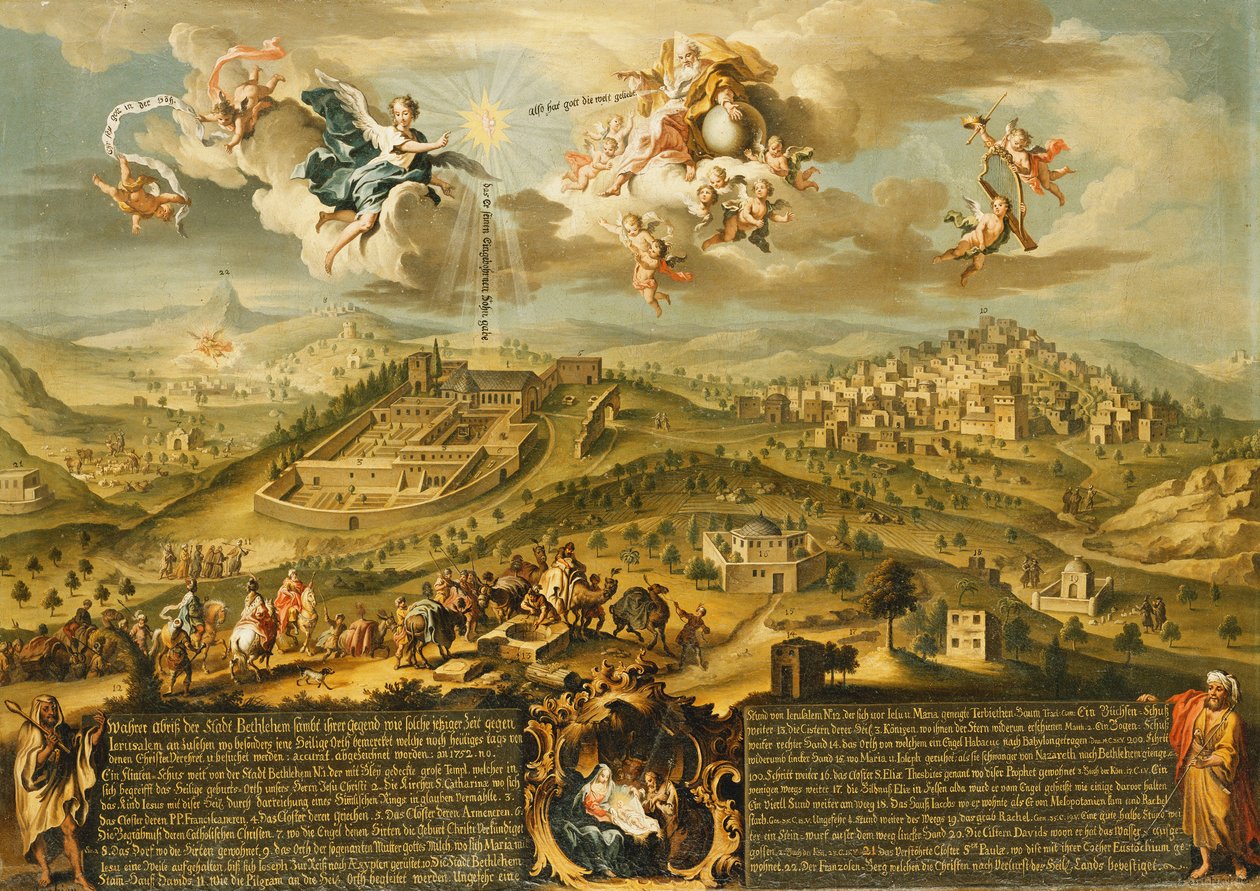 En vy över Betlehem med magiernas resa, treenigheten ovan och födseln i en målad kartusch nedanför, 1752 av Joseph Stephan