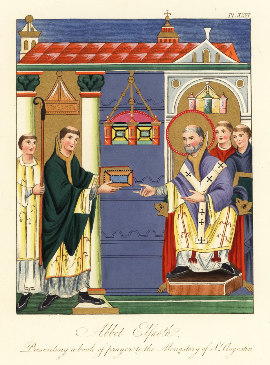Abbot Elfnoth presenterar en bok för St Augustine, 1858 (gravyr) av Joseph Strutt