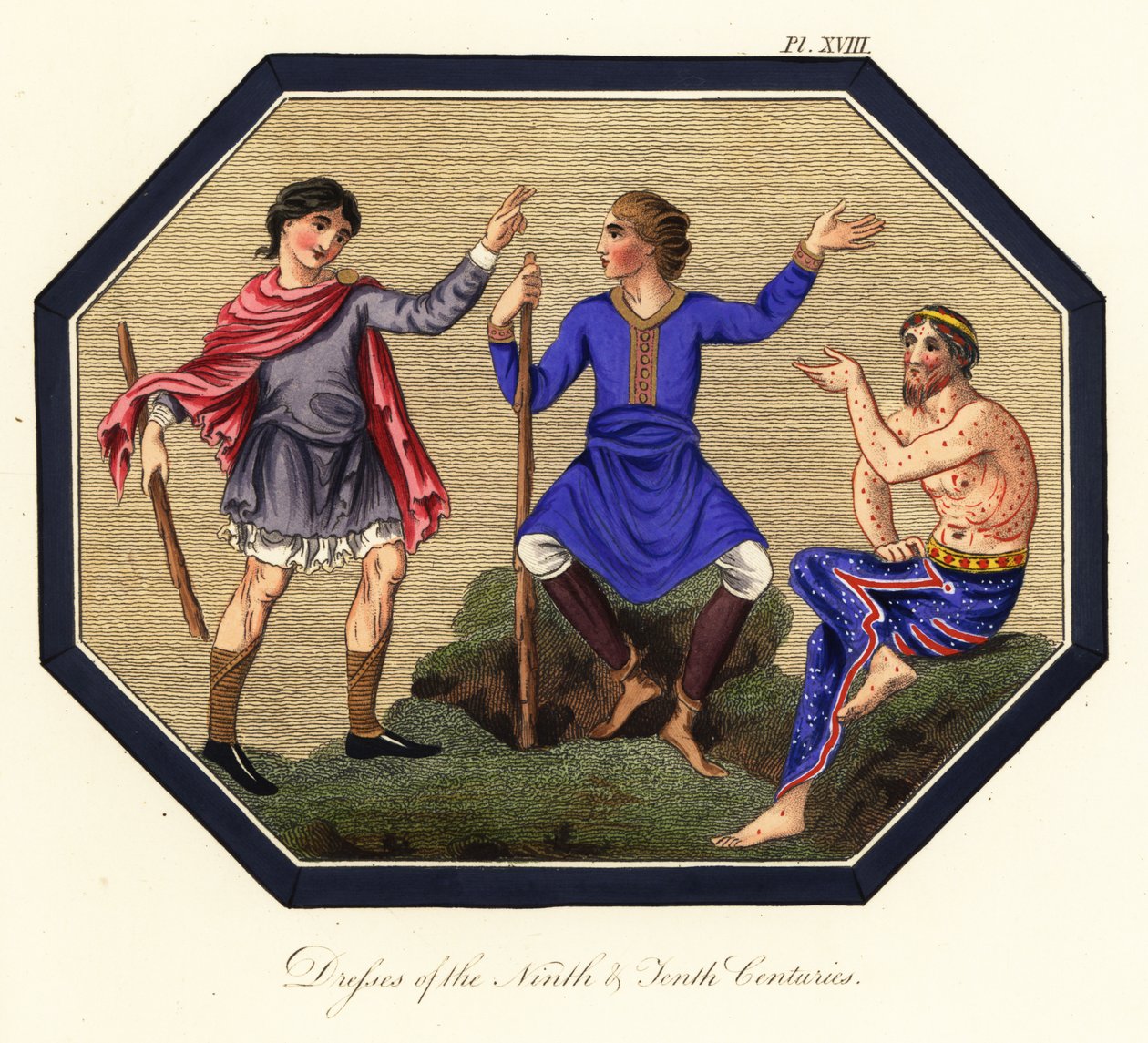 Anglosaxisk mansdräkt, 900- och 900-tal, 1853 (gravyr) av Joseph Strutt