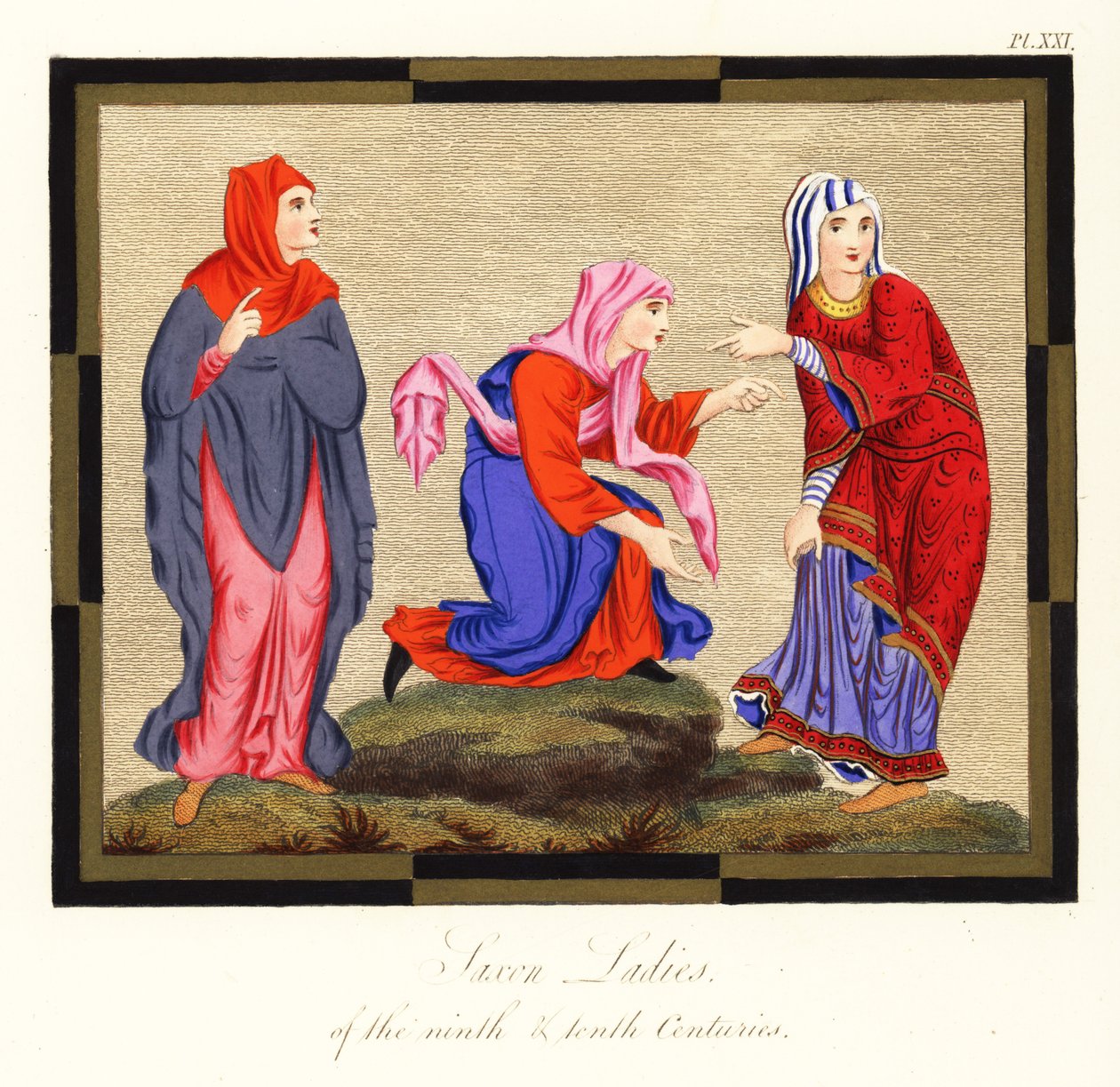 Anglosaxiska dräkter för kvinnor, 800- och 900-talet, 1854 (gravyr) av Joseph Strutt