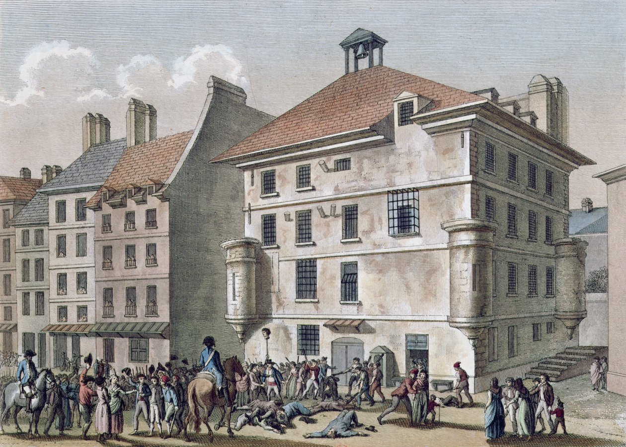 Septembermassakern: Massakern i Abbayefängelset nära St. Germain des Pres, 2-5 september 1792, graverad av Reinier Vinkeles (1741-1816) och Daniel Vrydag (1765-1822) (färgad gravyr av Joseph Swebach Desfontaines