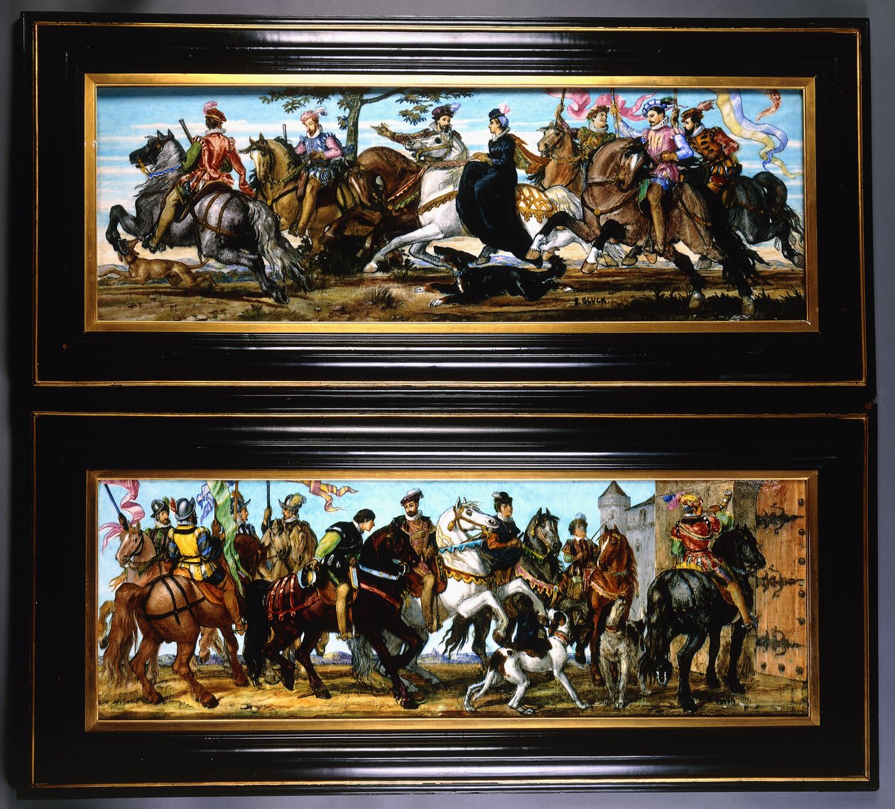 Ett par keramikväggplattor, föreställande medeltida scener av jägare med hundar av Joseph Theodore Deck
