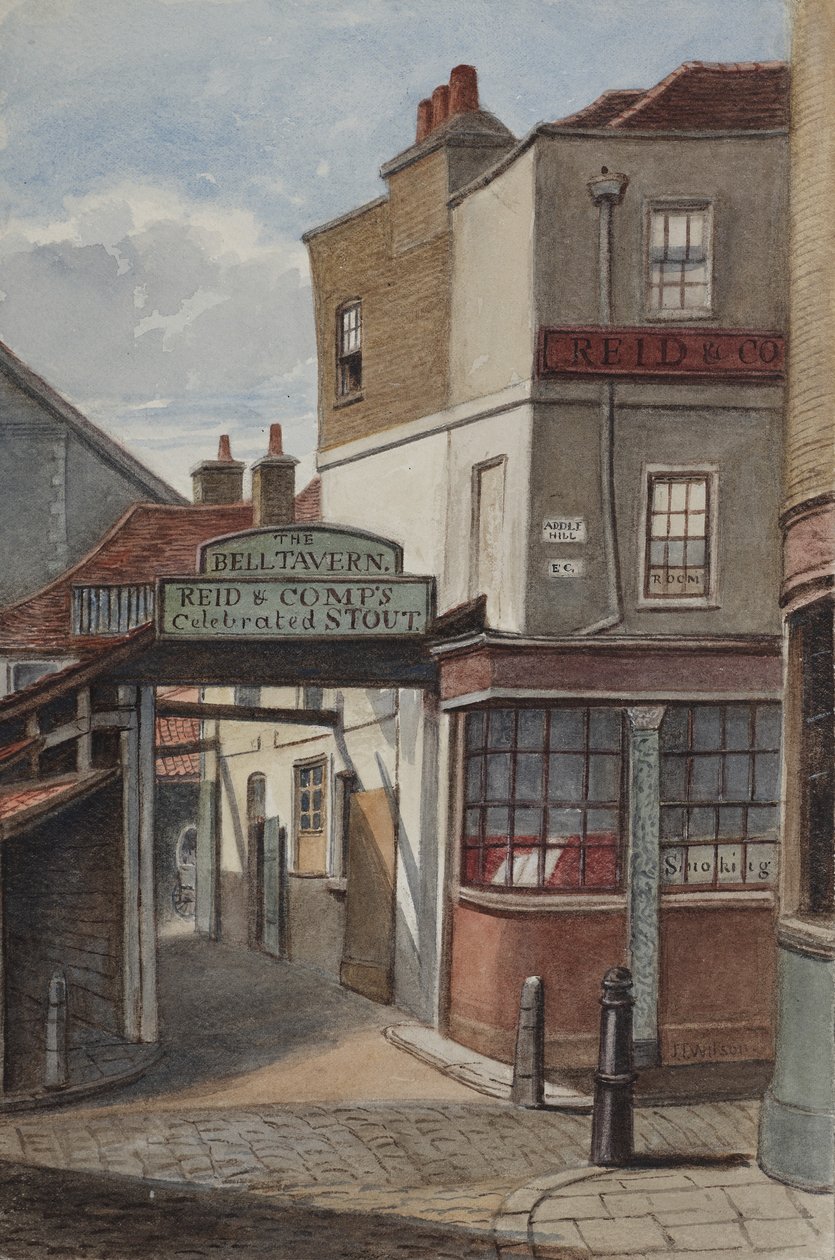 Utsikt över Bell Tavern, Addle Hill, med tecken för Reid och Companys hyllade stout, och en kantstolpe, 1868 (wc på papper) av Joseph Thomas Wilson