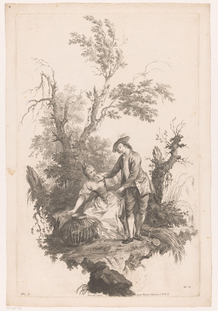 Man och kvinna med en korg med fågel Sommar Four Seasons (serietitel) av Joseph Wagner (possibly)