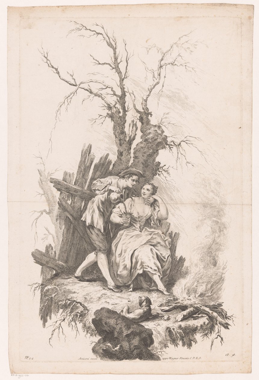 Man och kvinna med hund vid en eld Vinter Four Seasons (serietitel) av Joseph Wagner (possibly)