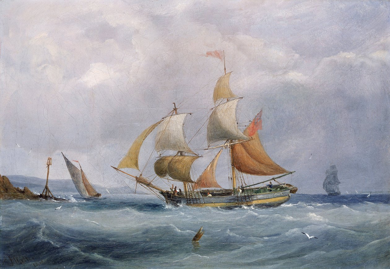 En handelsbrigg på väg in i Avons mynning i Bristol (England). Olja på duk av Joseph Walter
