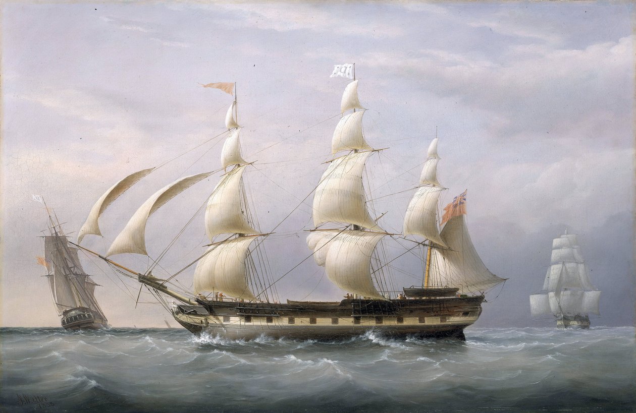 Ostindiska kompaniets fartyg "Britannia", sett från tre vinklar, har återvänt från Barbados. Olja på duk av Joseph Walter