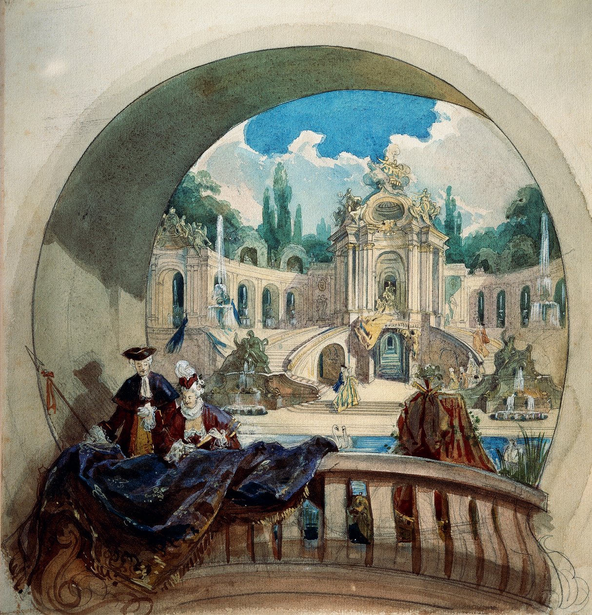 Förberedande ritning för lunett av taket i publiksalen i Ludwig II:s kungliga slott på Linderhof av Joseph Watter