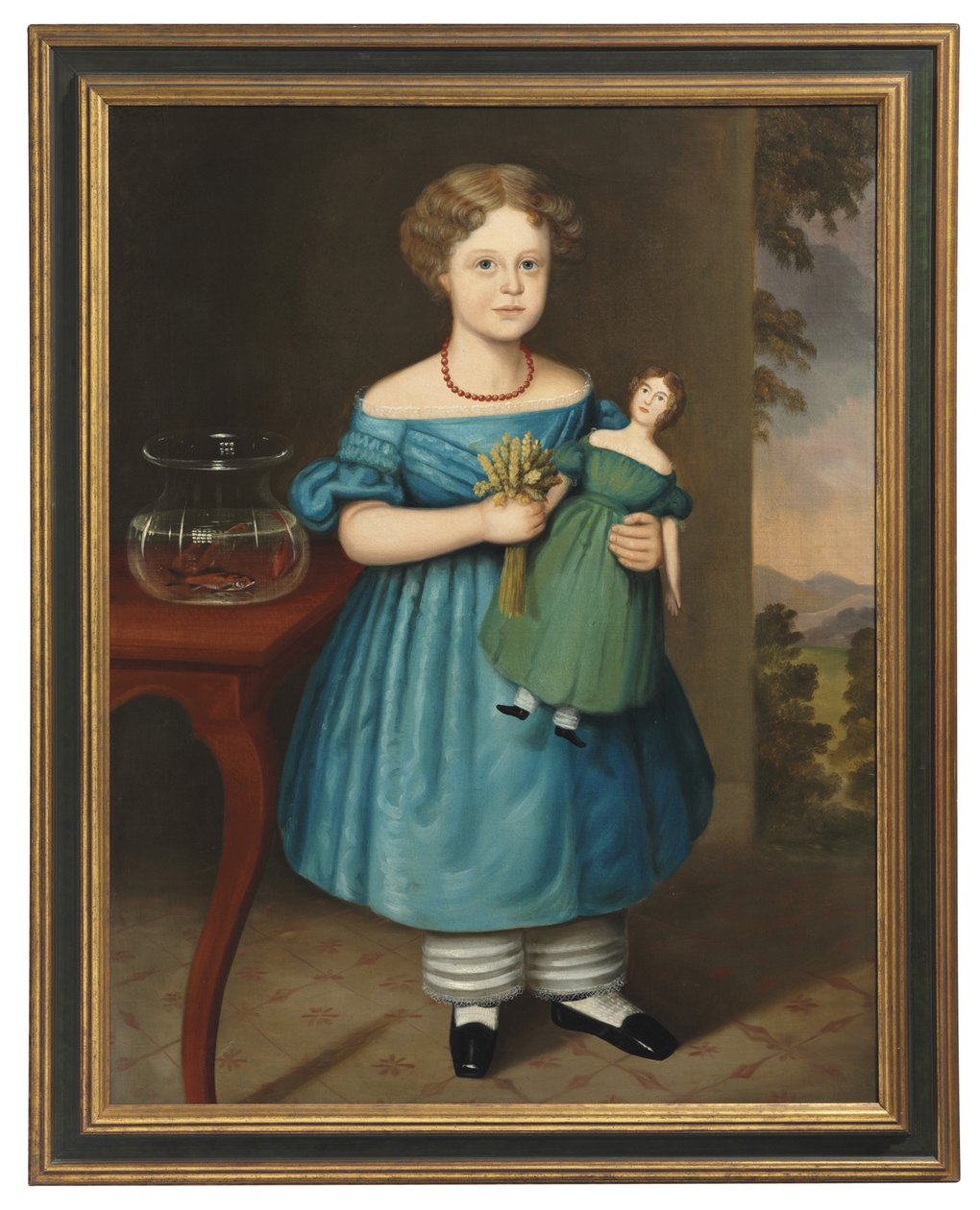 Porträtt av Amy Philpot i en blå klänning med docka och guldfisk av Joseph Whiting Stock