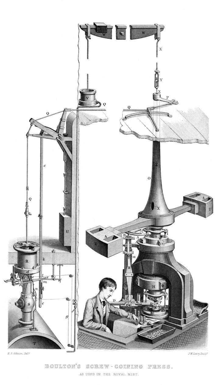 Boultons Screw Coining Press, som användes i Royal Mint, 1866. av Joseph Wilson Lowry