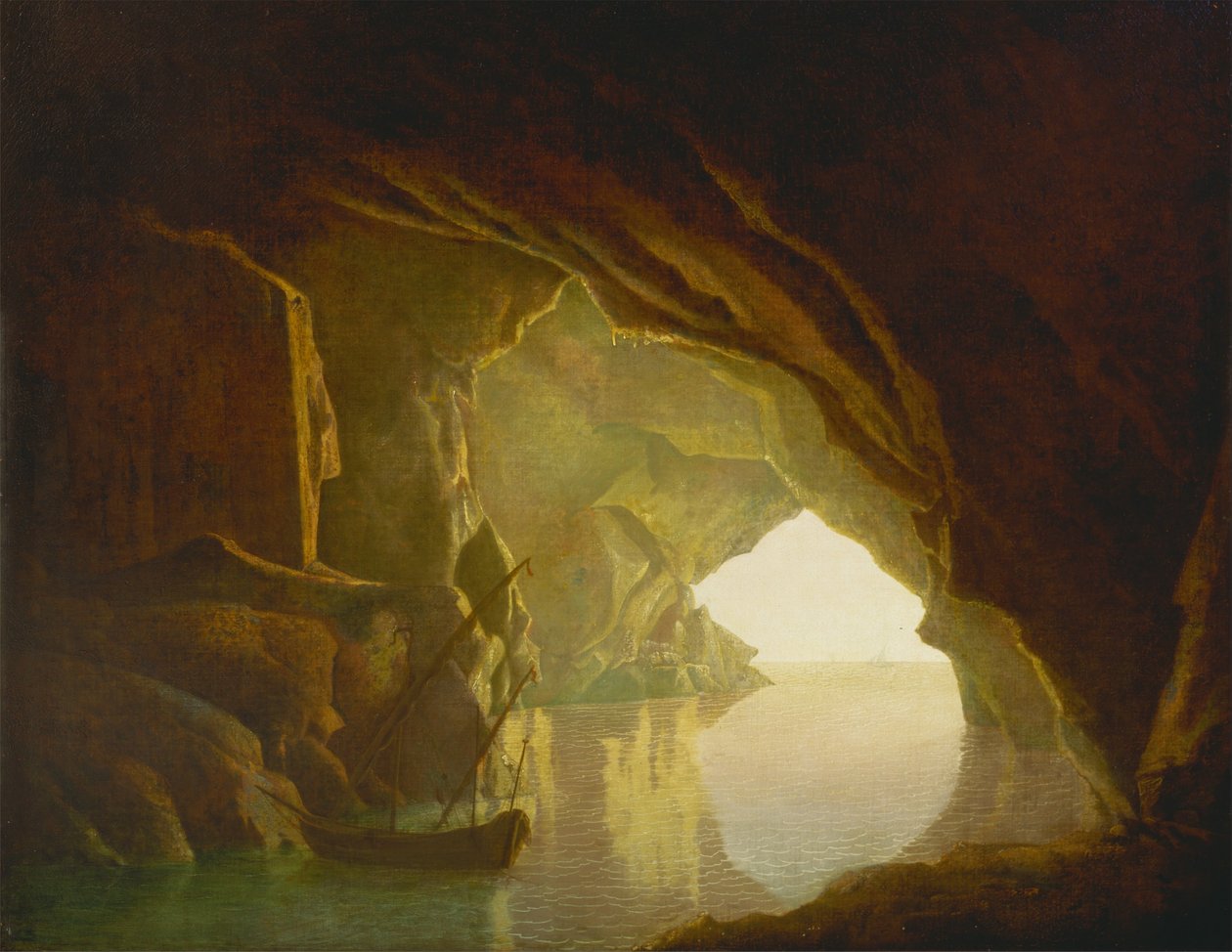 En grotta i Salernobukten, solnedgång av Joseph Wright of Derby