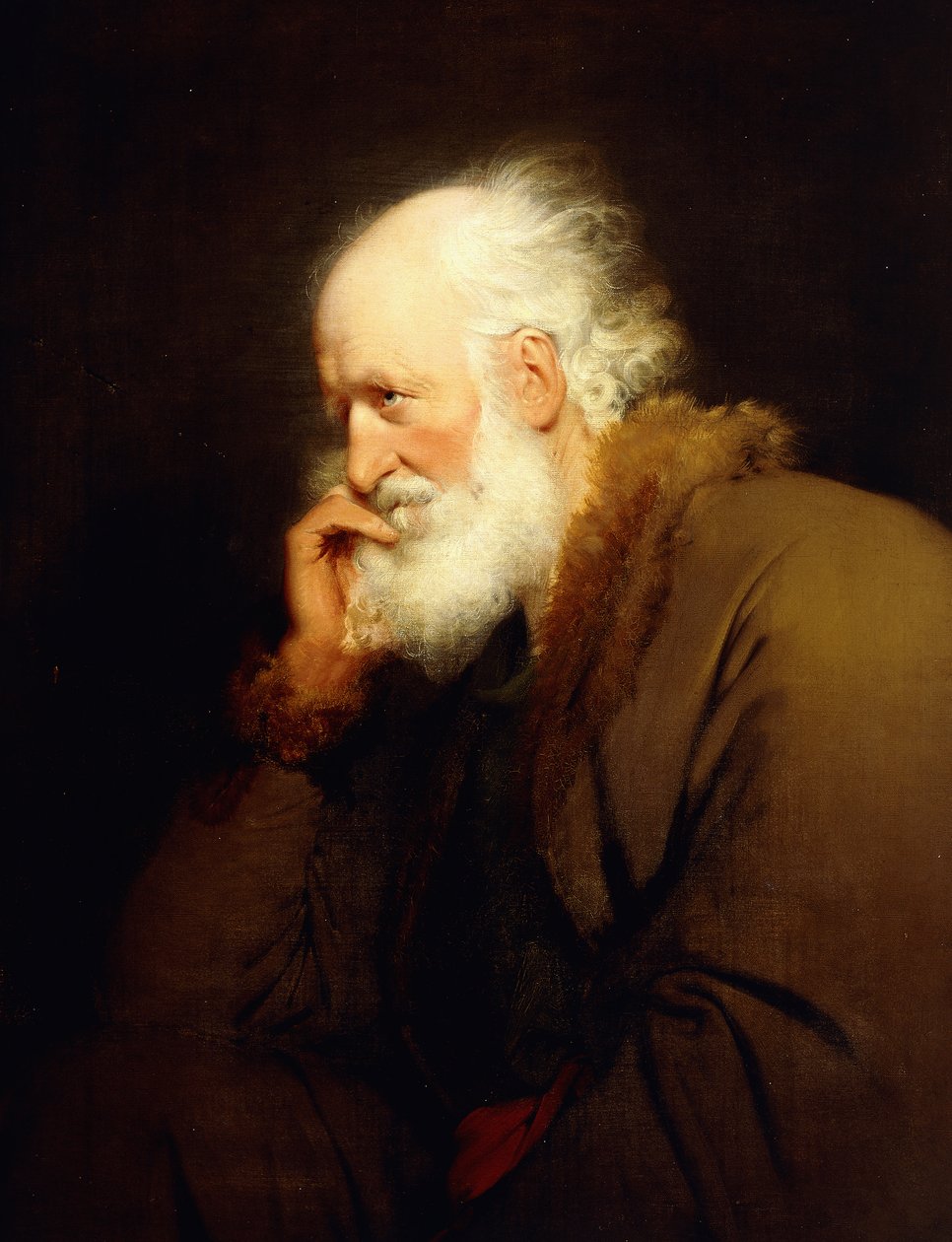 En gammal man, halvlång, i en brun pälsfodrad kappa, av Joseph Wright of Derby