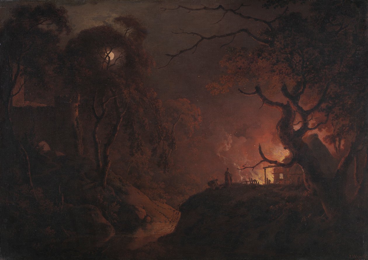 Stuga i brand på natten av Joseph Wright of Derby