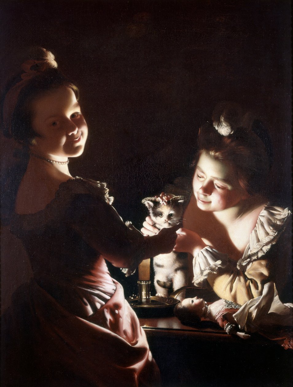 Dressing the Kitten, ca 1768-70 (olja på duk) av Joseph Wright of Derby