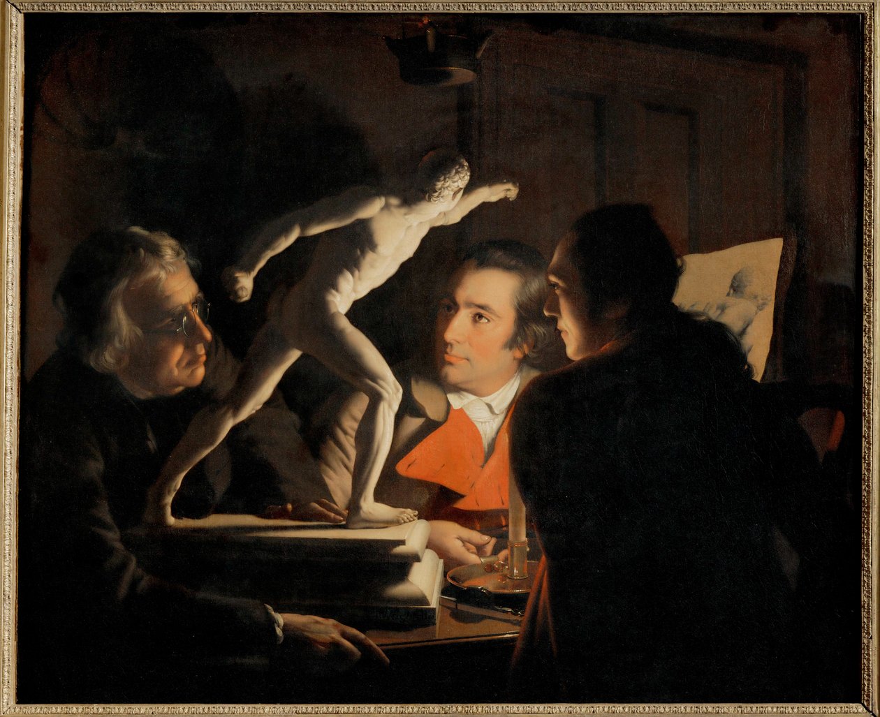I skenet av ett stearinljus studerar tre män en liten ... (målning på duk) av Joseph Wright of Derby