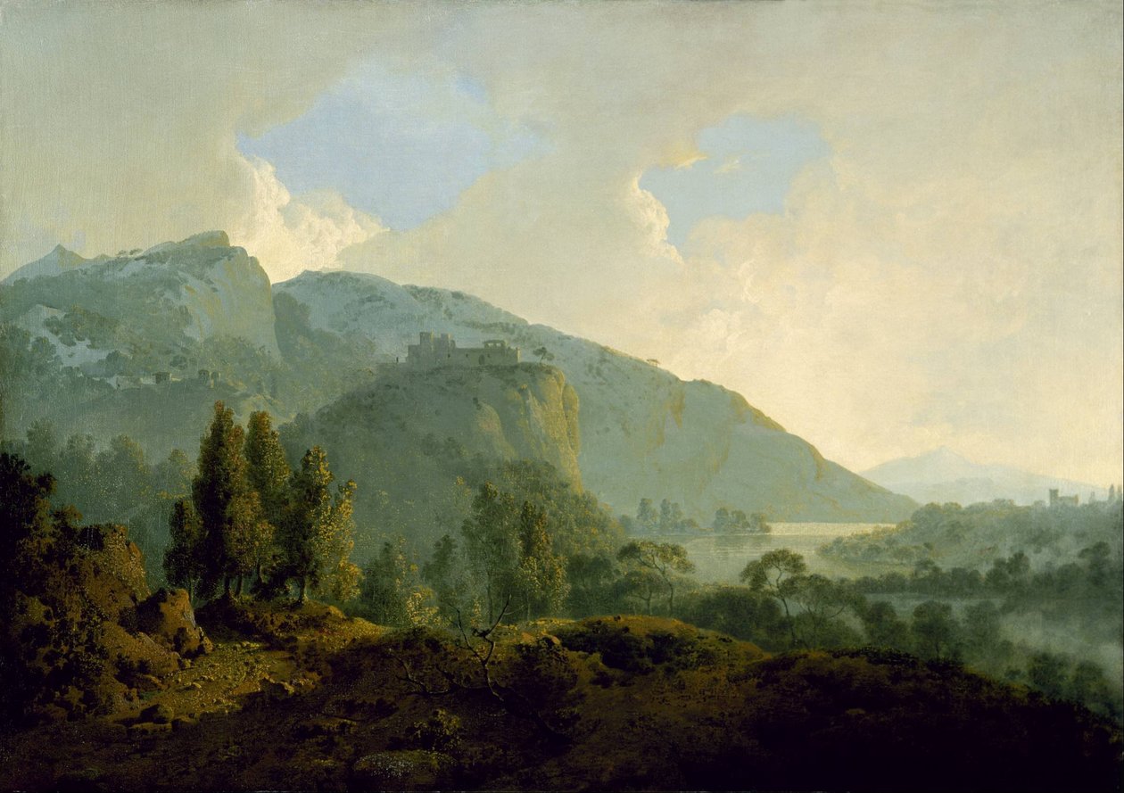 Italienskt landskap med berg och flod av Joseph Wright of Derby