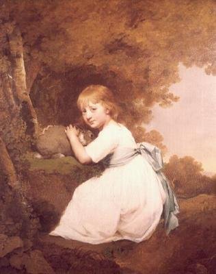 Miss Bentley i en vit klänning som håller i en kanin av Joseph Wright of Derby