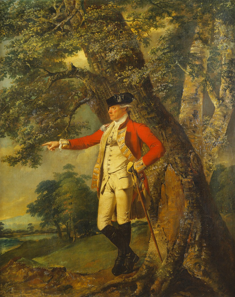 Porträtt av överste Charles Heathcote, stående liten i full längd i ett skogslandskap, i uniformen av den trettiofemte foten av Joseph Wright of Derby