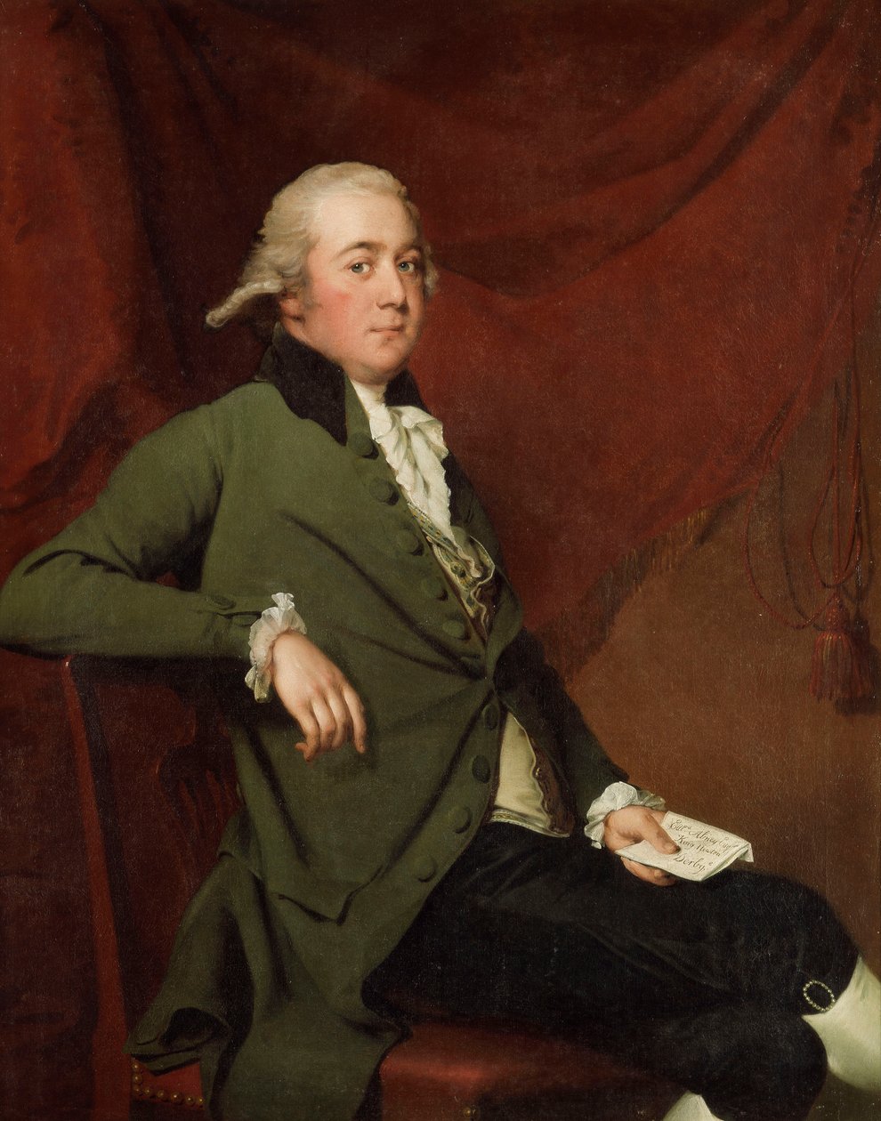 Porträtt av Edward Abney, sittande tre fjärdedels längd, i en grön kappa, håller ett brev mot en röd gardin, sent 1780-tal av Joseph Wright of Derby