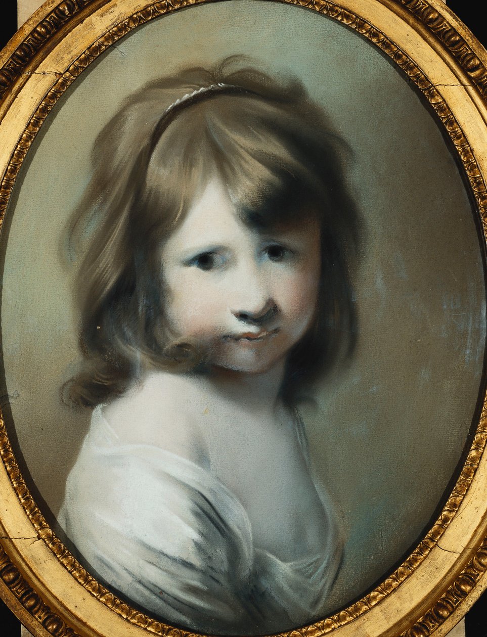 Porträtt av Harriet Wright, konstnärens dotter, som ett barn, bystlängd, tittar över hennes högra axel, av Joseph Wright of Derby