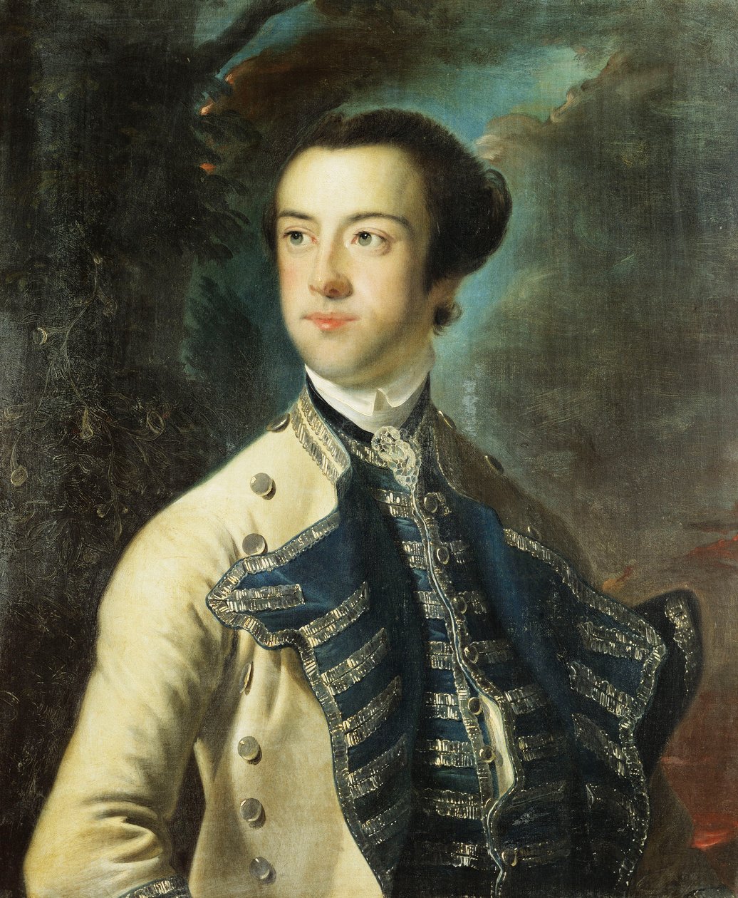 Porträtt av Thomas Hanway, halvlängd, i en beige kappa med blå och silverfärgade fasader, och en blå och silverväst, med en hatt under armen, i ett landskap, av Joseph Wright of Derby