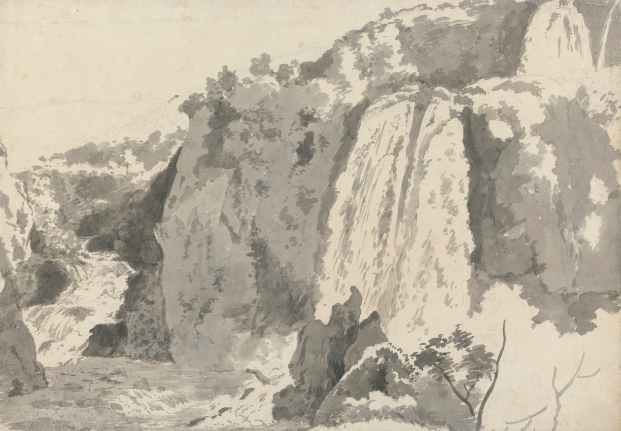 Stenigt landskap med vattenfall av Joseph Wright of Derby