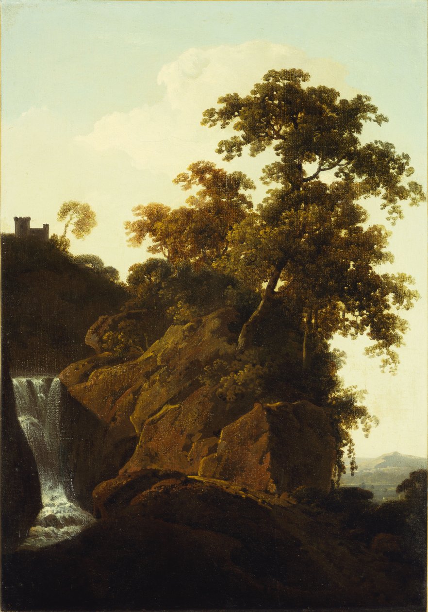 Stenigt landskap med ett vattenfall av Joseph Wright of Derby