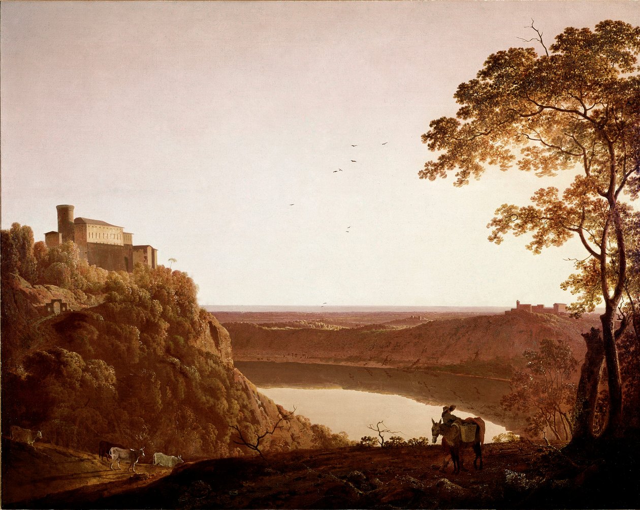 Utsikt över sjön Nemi i skymningen Målning av Joseph Wright dit Wright från Derby (1734-1797) av Joseph Wright of Derby