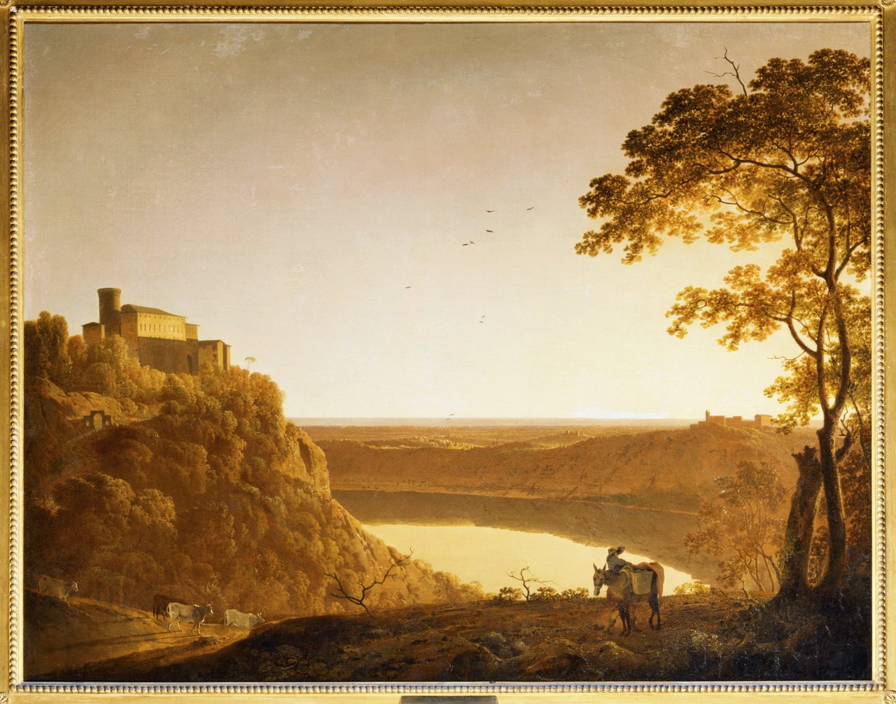 Utsikt över Nemi-sjön vid solnedgången ... av Joseph Wright of Derby