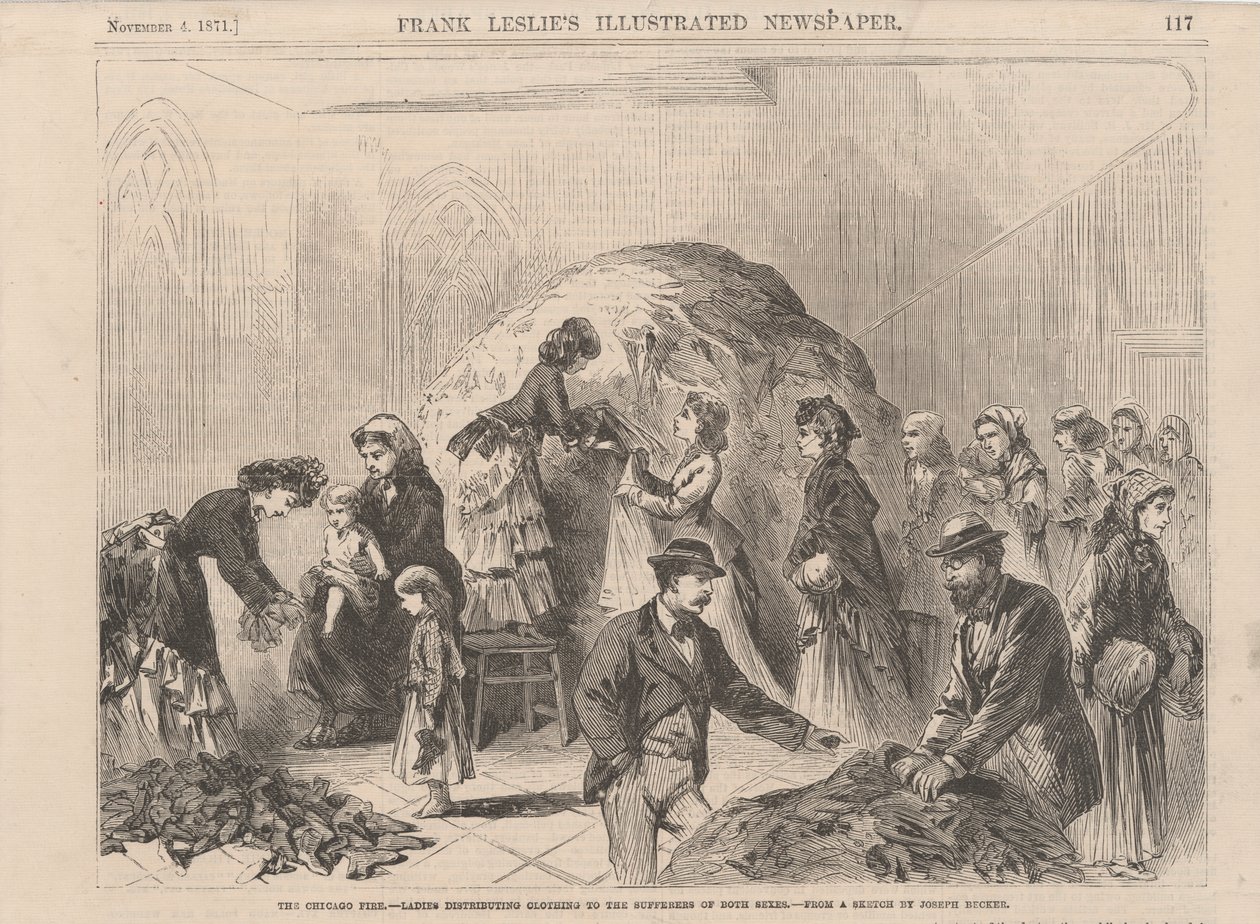 The Chicago Fire: damer som delar ut kläder till lidande av båda könen, illustration från Frank Leslies Illustrated Newspaper, 1871 av Joseph after Becker