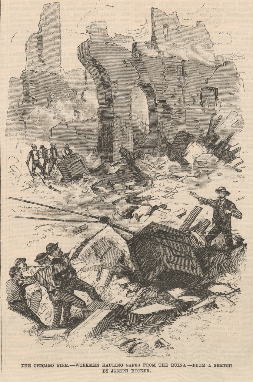 Arbetare som hämtar kassaskåp från ruinerna, illustration från Frank Leslies Illustrated Newspaper, 1871 av Joseph after Becker