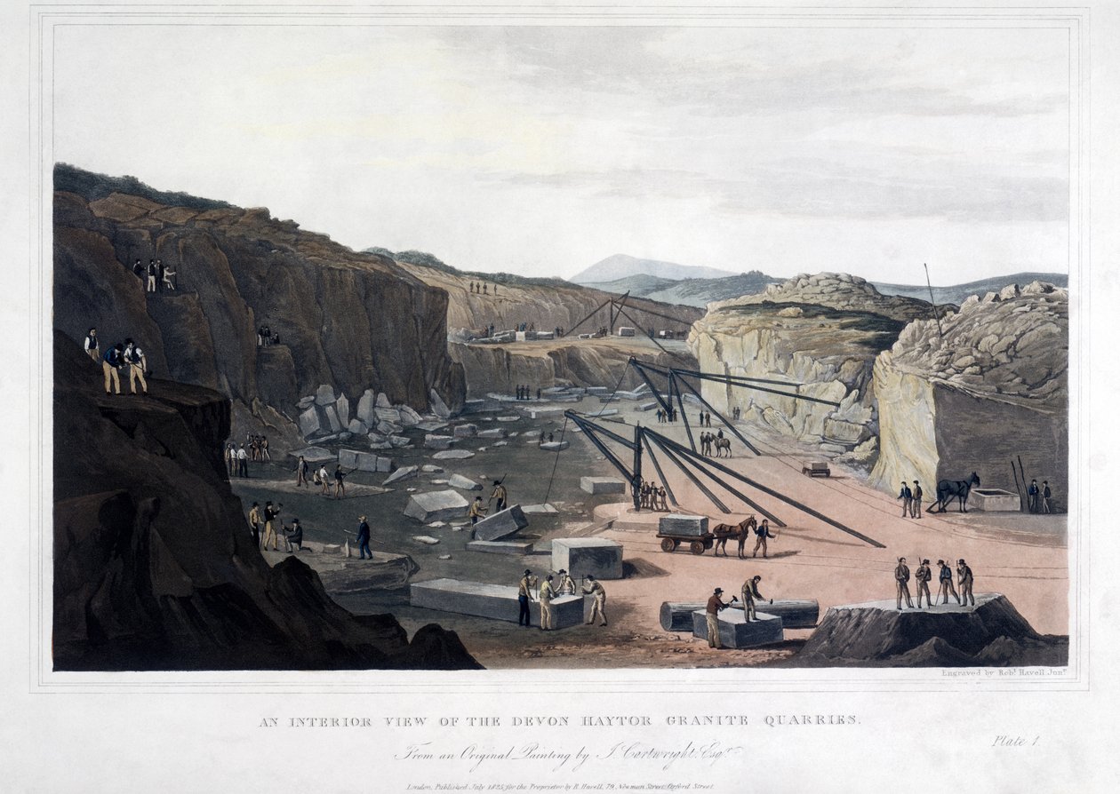 En invändig vy av Devon Haytors granitbrott, graverad av Robert Havell (1793-1878) 1825 (färgad akvatint) av Joseph after Cartwright
