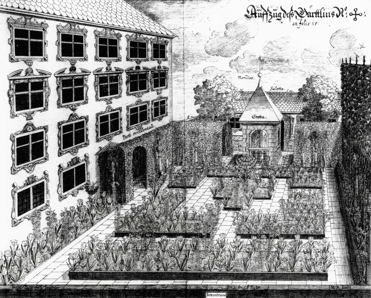 Design för Furttenbachs trädgård i Ulm, från Architectura Privata, graverad av Jonas Arnold (1600-69), publicerad 1641 av Joseph after Furttenbach