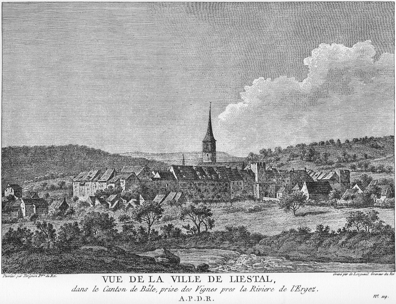 Utsikt över staden Liesthal i kantonen Basel, tagen från en vingård vid floden Ergolz. av Joseph de Longueil