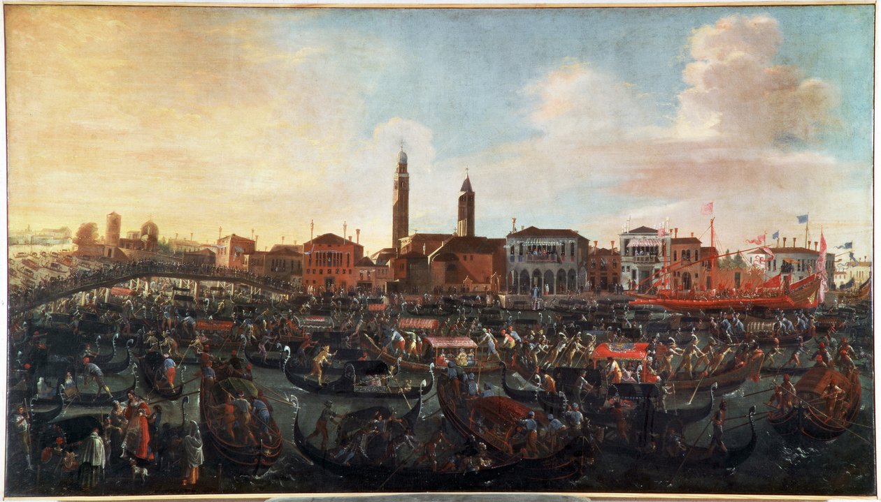 Freskens högtid”” på himmelsfärdsdagen i Murano, Venedig”” San Cipriano-klostret till höger och kyrkan Santo Stefano i mitten, försvann idag (Feskmåltidens högtid på Kristi himmelsfärdsdagen i Murano Island, Venedig) Målning av Jo av Joseph the younger Heintz