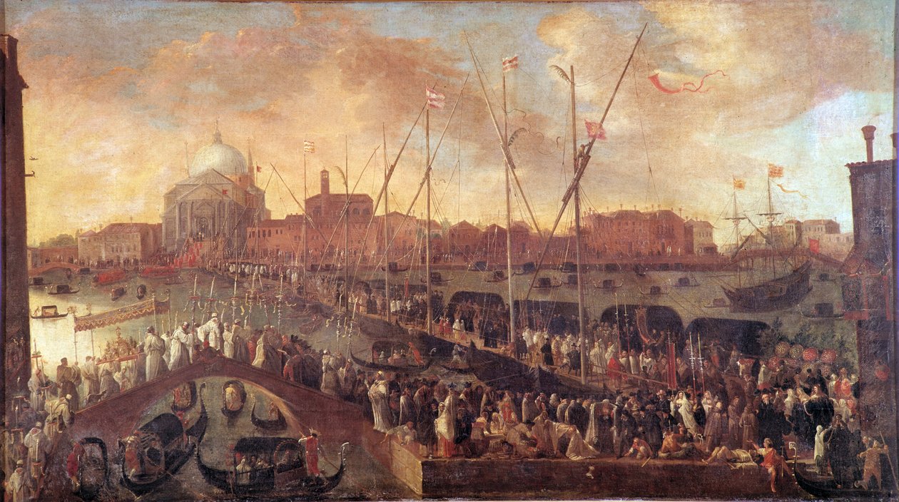 Procession på dagen för återlösarens högtid En tillfällig bro byggs till kyrkan av återlösaren i Venedig för att fira minnet av offren för den stora pesten 1575-1576 - Målning av Joseph Heintz den unge (1600-1678) 1600-talet - Musei Civici av Joseph the younger Heintz