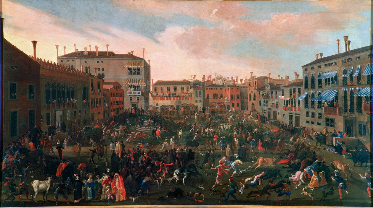 Jakten på tjurar på Campo San Polo i Venedig 1648. Den traditionella jakten på Oxen ägde rum på det lilla torget (campi) i Venitian med särskilt vilda hundar. Målning av Joseph Heintz Je Jeune (1600-1678). Venezia, Museo Correr av Joseph the younger Heintz