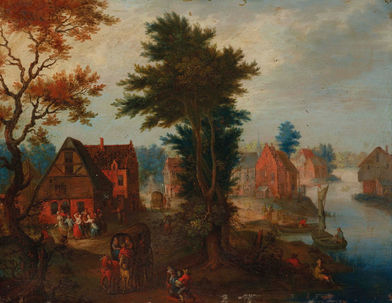 Ett flodlandskap med båtar och vagnar vid en by av Joseph van Bredael