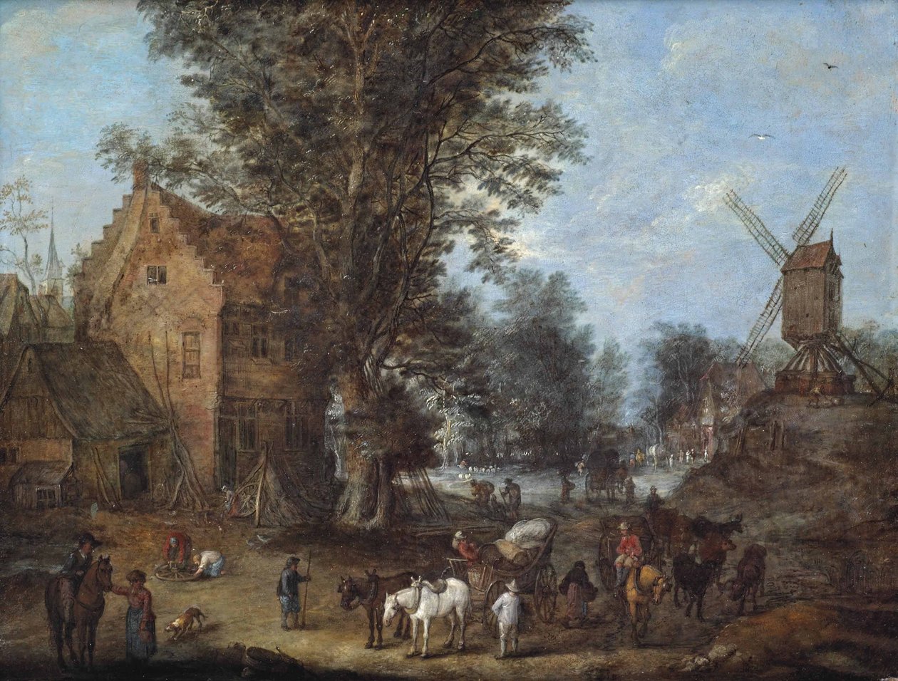 En byscen med resenärer och vagnsmän och många andra figurer vid sina dagliga aktiviteter av Joseph van Bredael