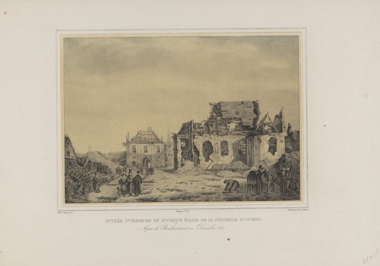 Poort en kerk in de Citadel van Antwerpen, 1832 Inre entré och gamla kyrkan i Citadellet i Antwerpen. Efter bombardementet i december 1832 (titel på objekt) Album med sju vyer av ruinerna av det inre av Citadellet i Antwerpen (serietitel) av Joseph van den Nest