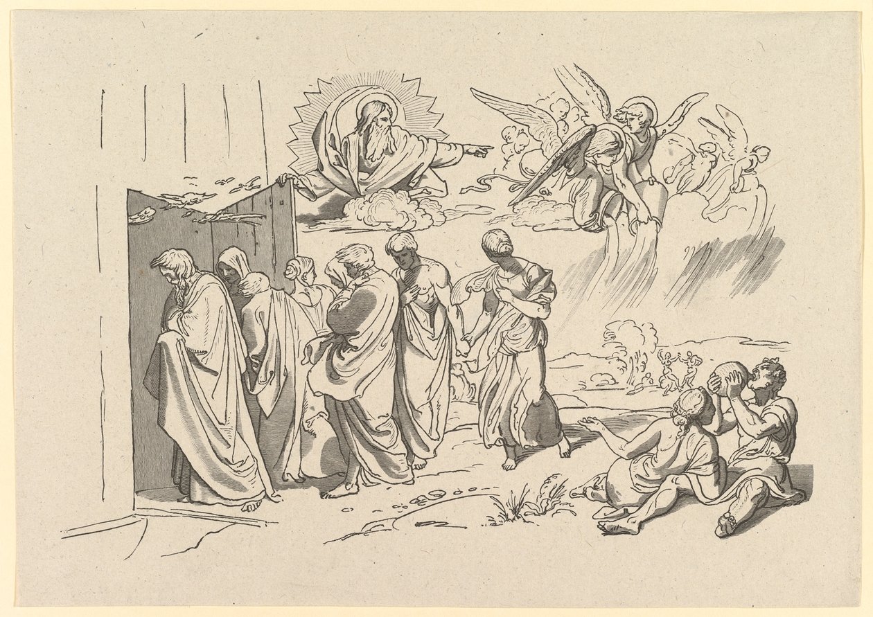 Gud kallar Noa och hans familj in i arken, 1827. av Joseph von Fuhrich