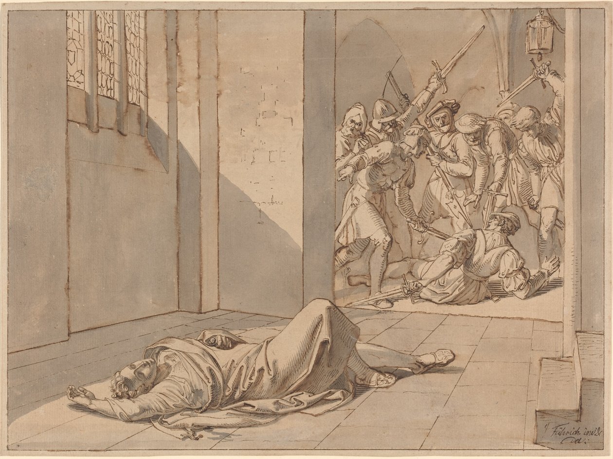 The Assassination of King Wenzel III (penna och svart bläck med grå och ljusbrun lav) av Joseph von Fuhrich