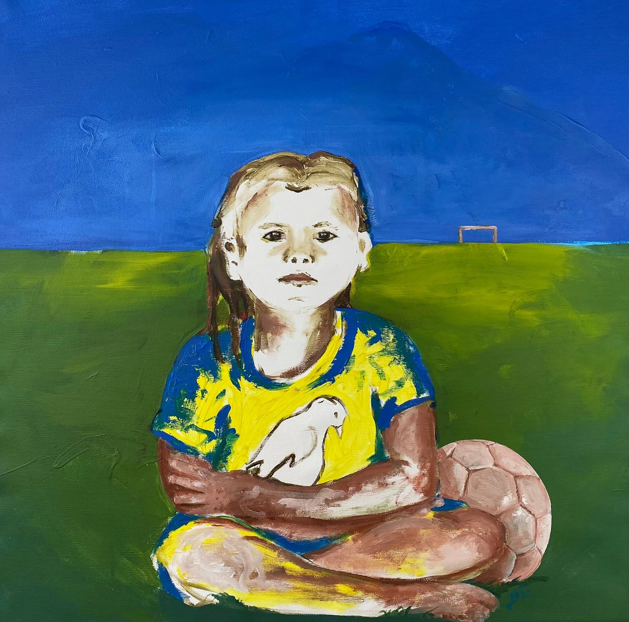 Mädchen mit Taube (Flicka med duva), 2022 (akrylfärg på duk) av Josephine Henning
